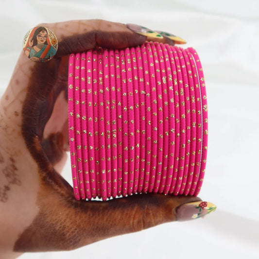 ’Barbie Pink’ Matte Gold Dotted Bangle Set