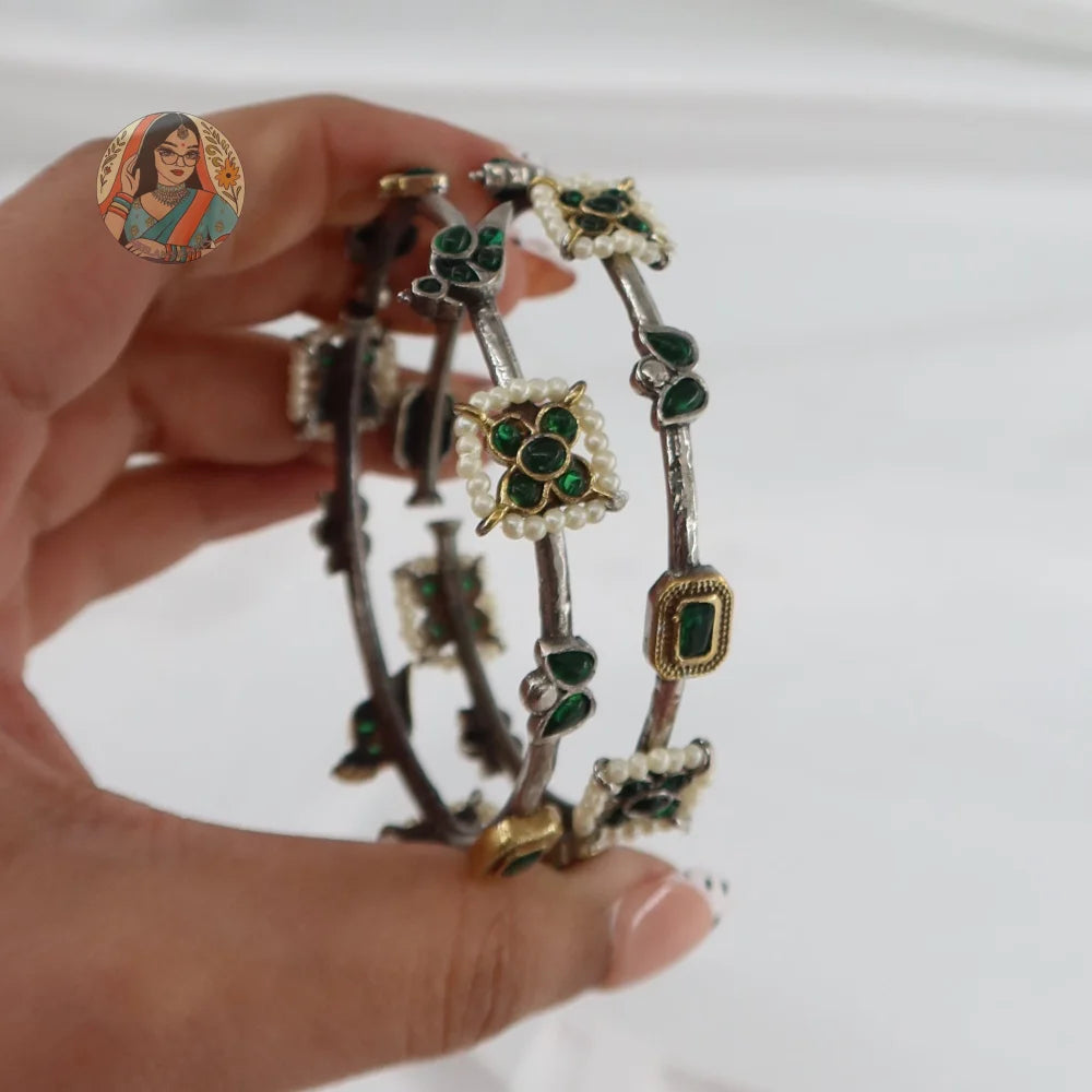 Gulnaz Silver Bangles - Green