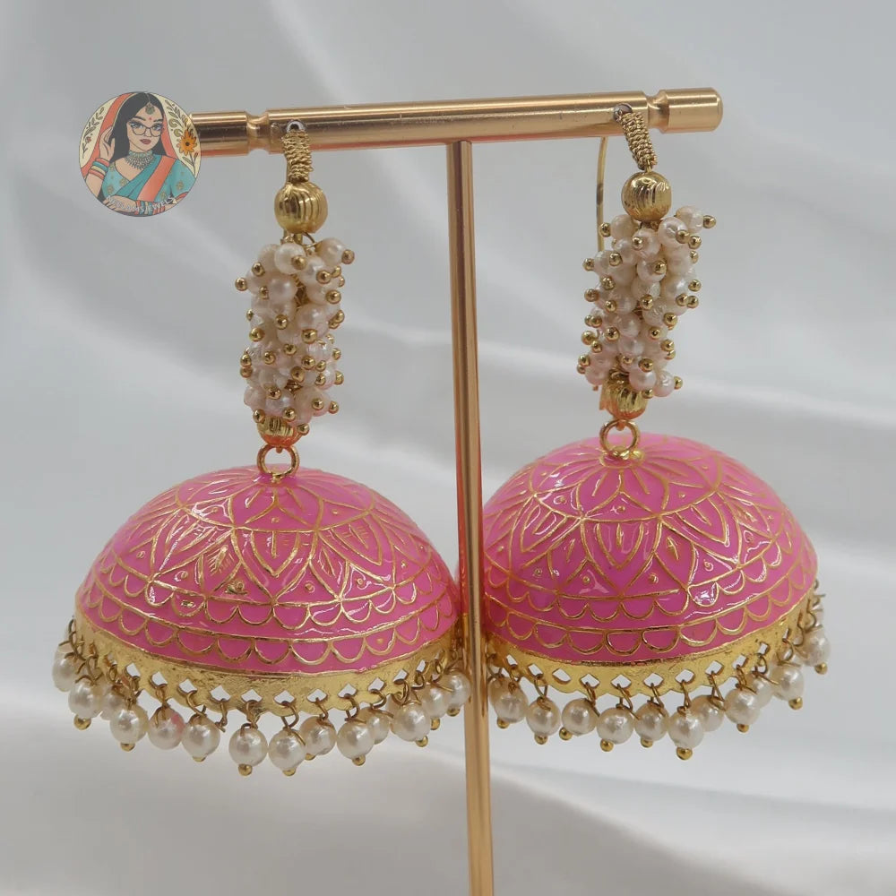 Harpreet Oversized Meenakari Jhumka - Pink