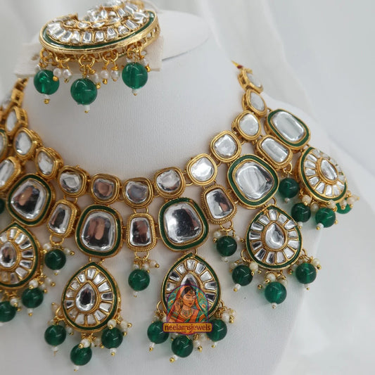 Heeraj Semi Bridal Necklace Set (Green)