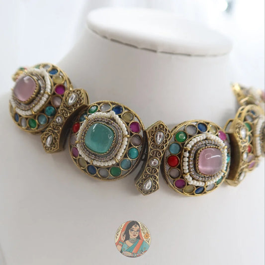 Jasmeen Choker Necklace Set (Blue & Pink)