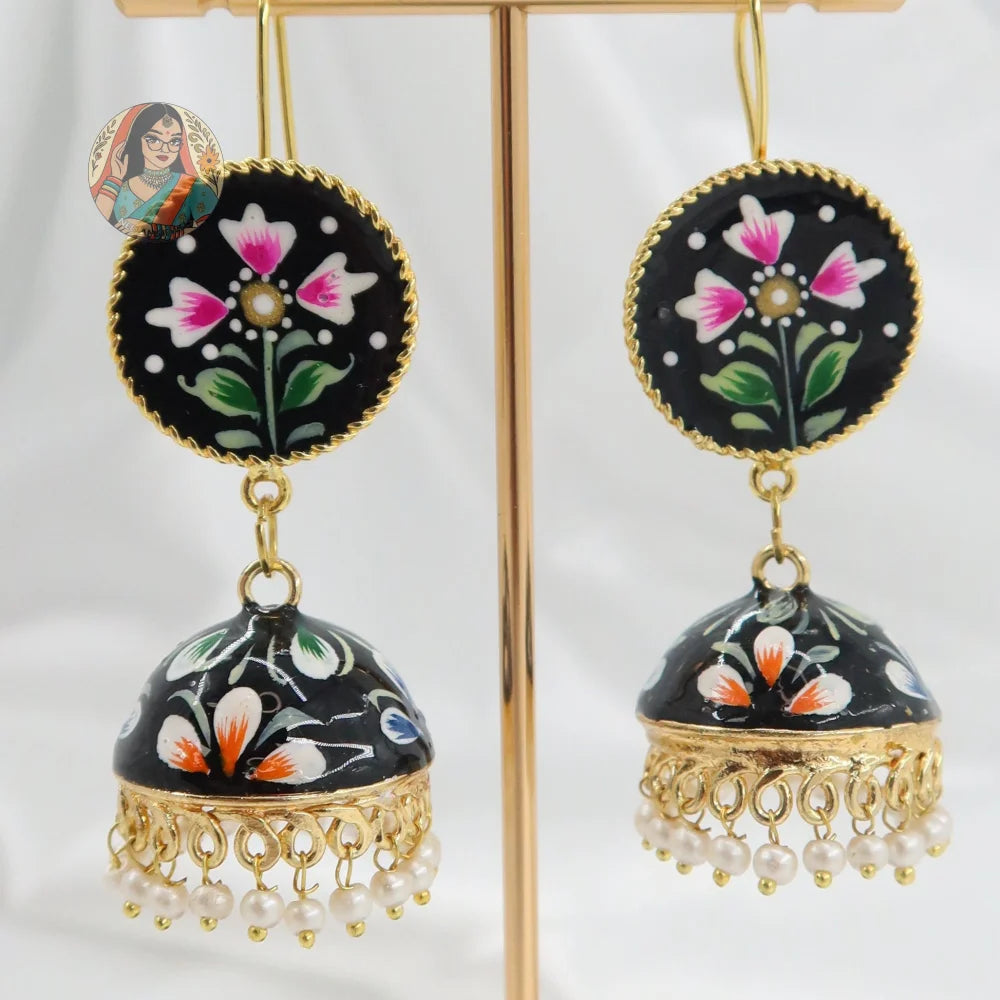 Meenakari Oxidized Silver Jhumkis - T