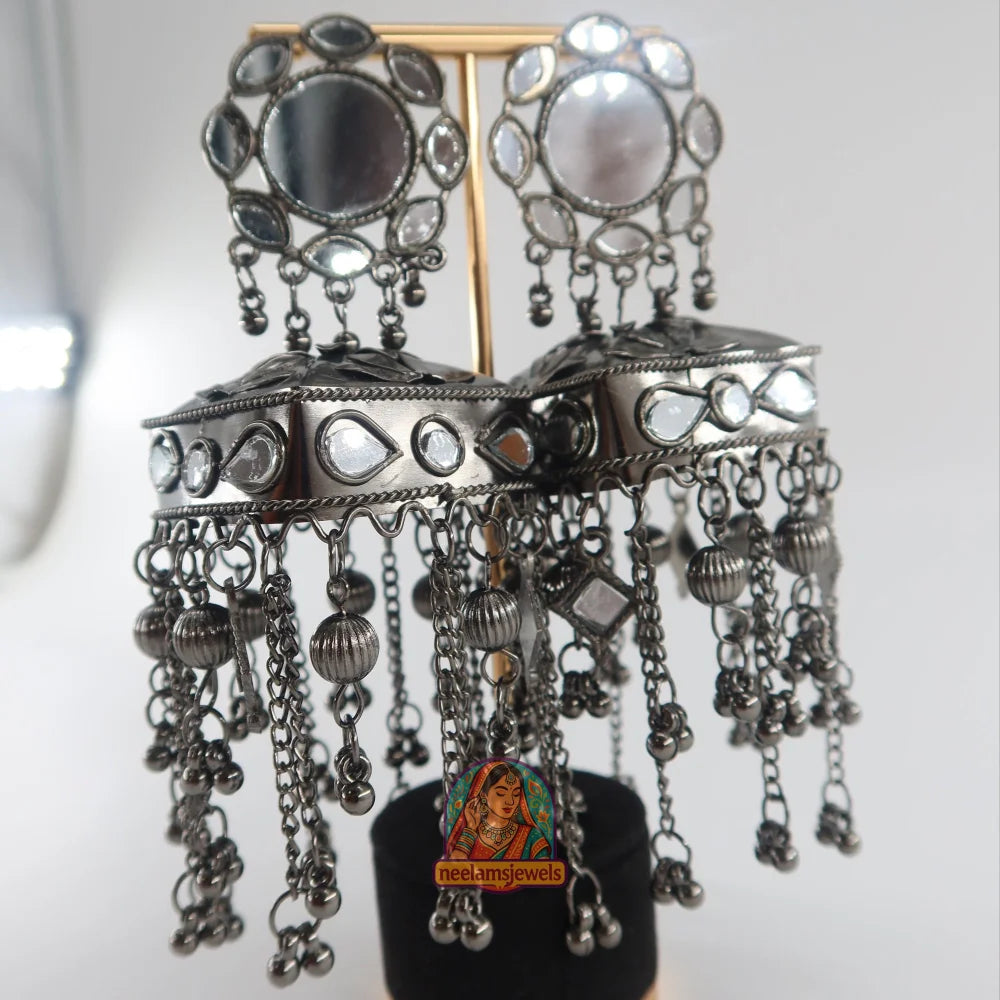 Mirrorwork Cascade Oxidized Jhumkas