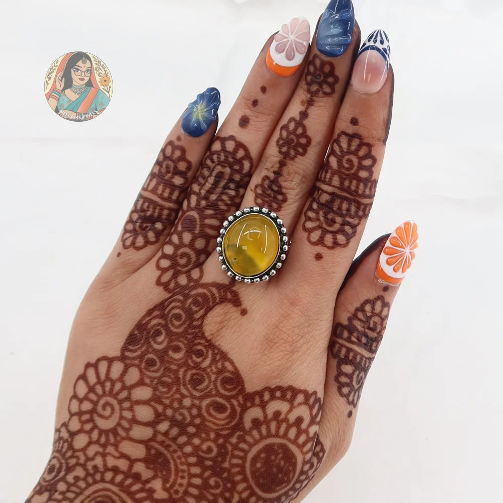 Natural Stone Circular Silver Ring (Yellow)