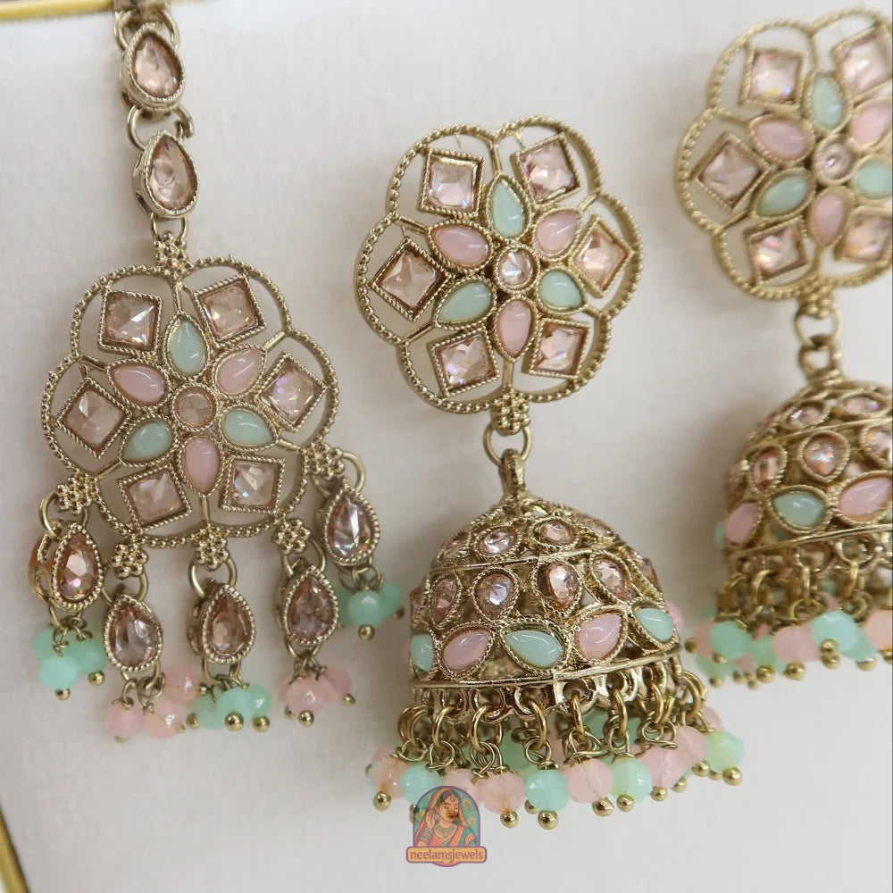 Neelam Jhumka & Tikka Set (Baby Pink & Mint)