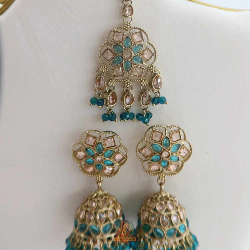 Neelam Jhumka & Tikka Set (Blue)