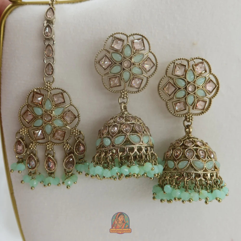 Neelam Jhumka & Tikka Set (Mint Green)