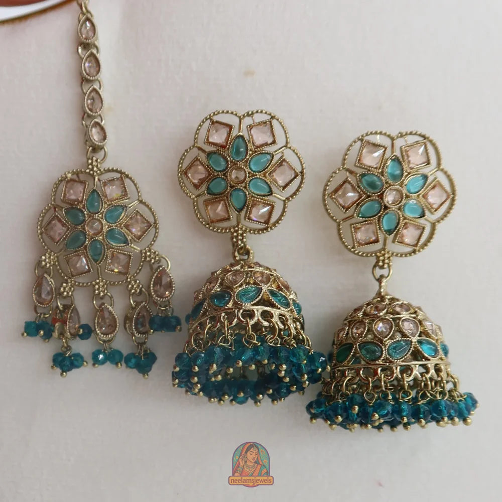 Neelam Jhumka & Tikka Set (Teal)