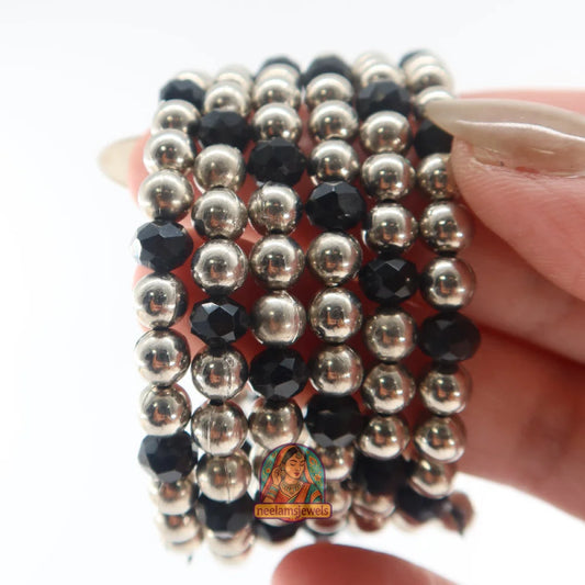 Oxidized Spiral Black Silver Bead Bracelet