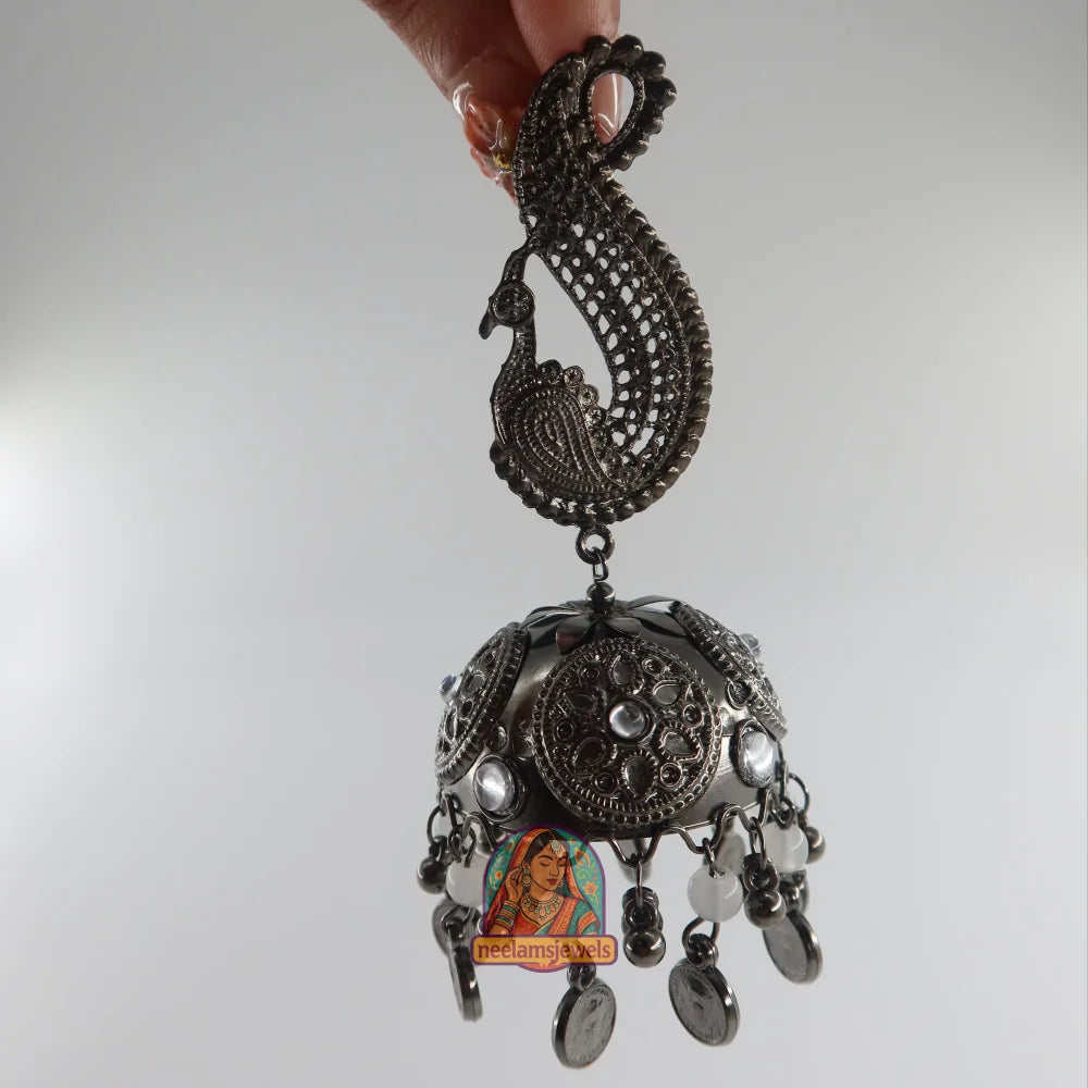 Peacock Motif Oxidized Jhumka Earrings