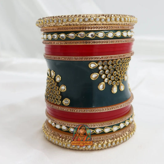 Rajwadi Meher Bangle Stack (Dark Green/Red)