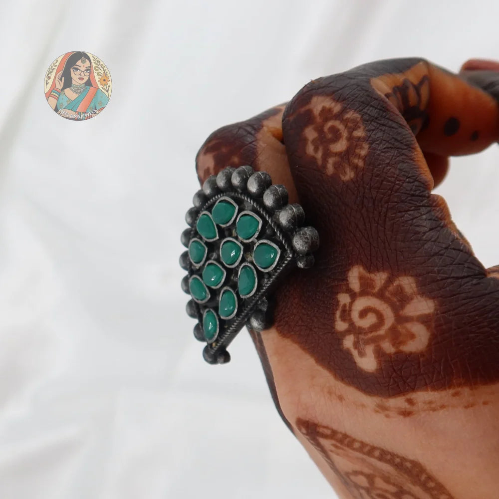 Sanam Oxidized Silver Ring (Green)