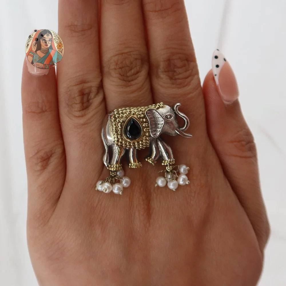 Silver Oxidized Elephant Ring - F