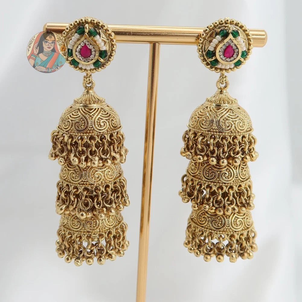 Simren Gold 3-Tier Jhumka Earrings