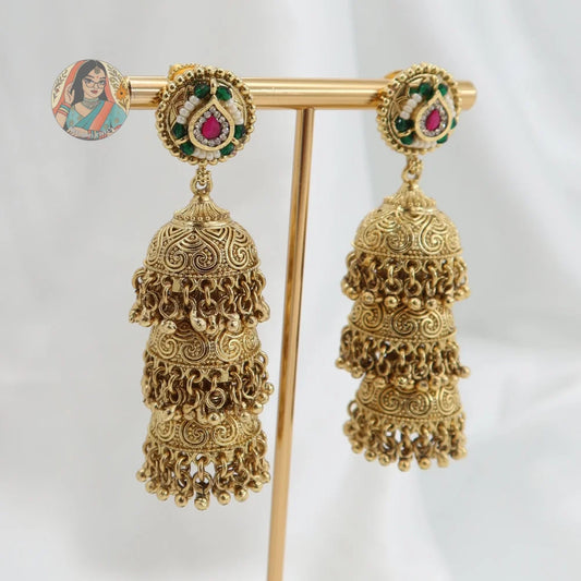 Simren Gold 3-Tier Jhumka Earrings