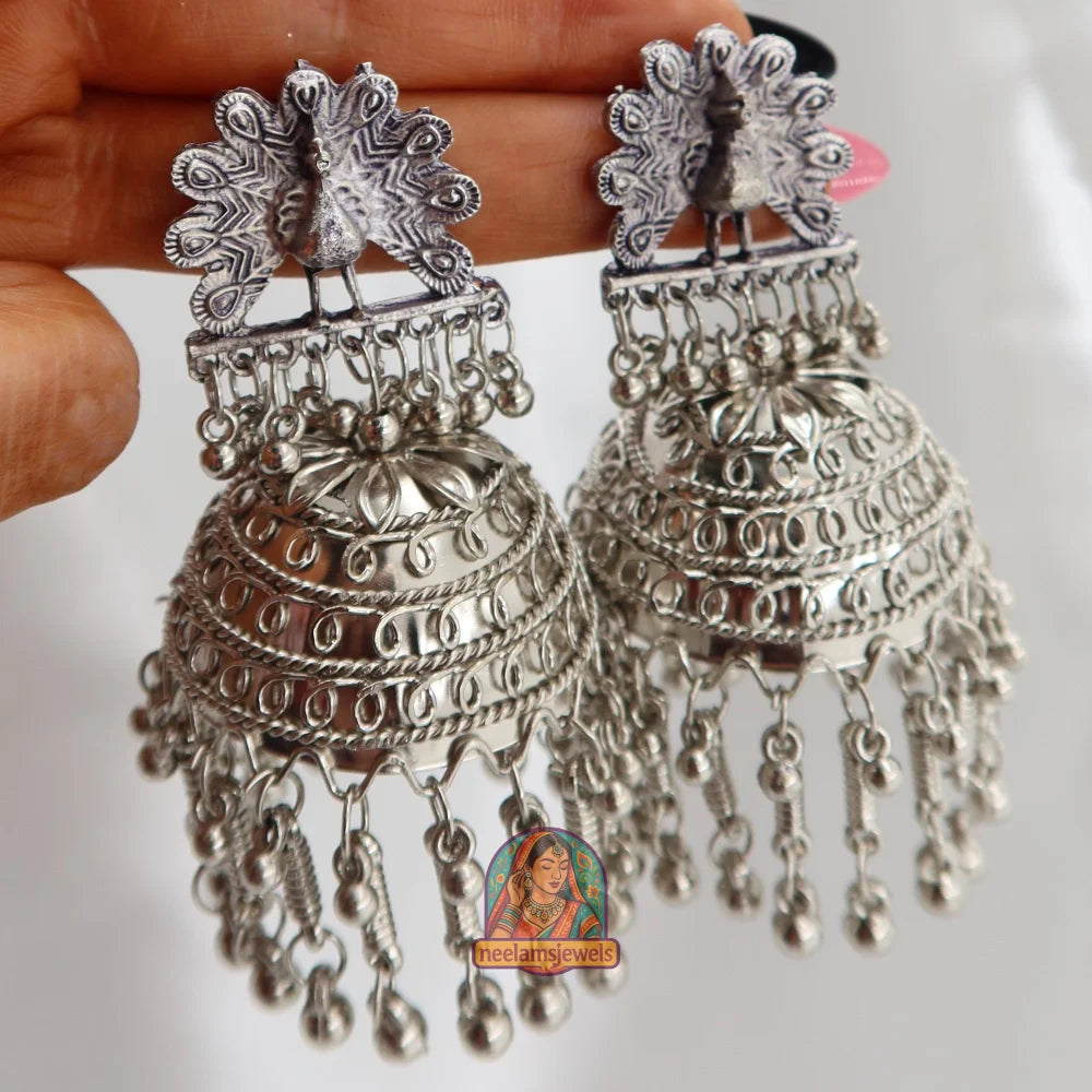 3-D Morni Oxidized Silver Jhumka