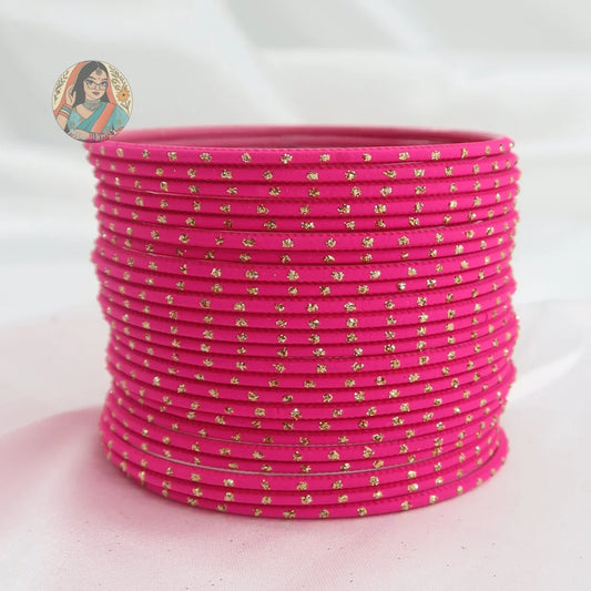 ’Barbie Pink’ Matte Gold Dotted Bangle Set