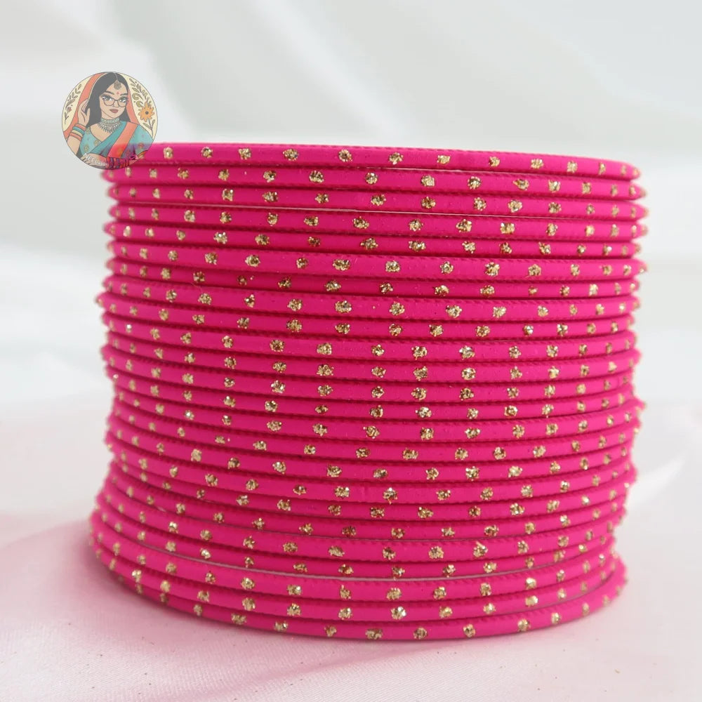’Barbie Pink’ Matte Gold Dotted Bangle Set