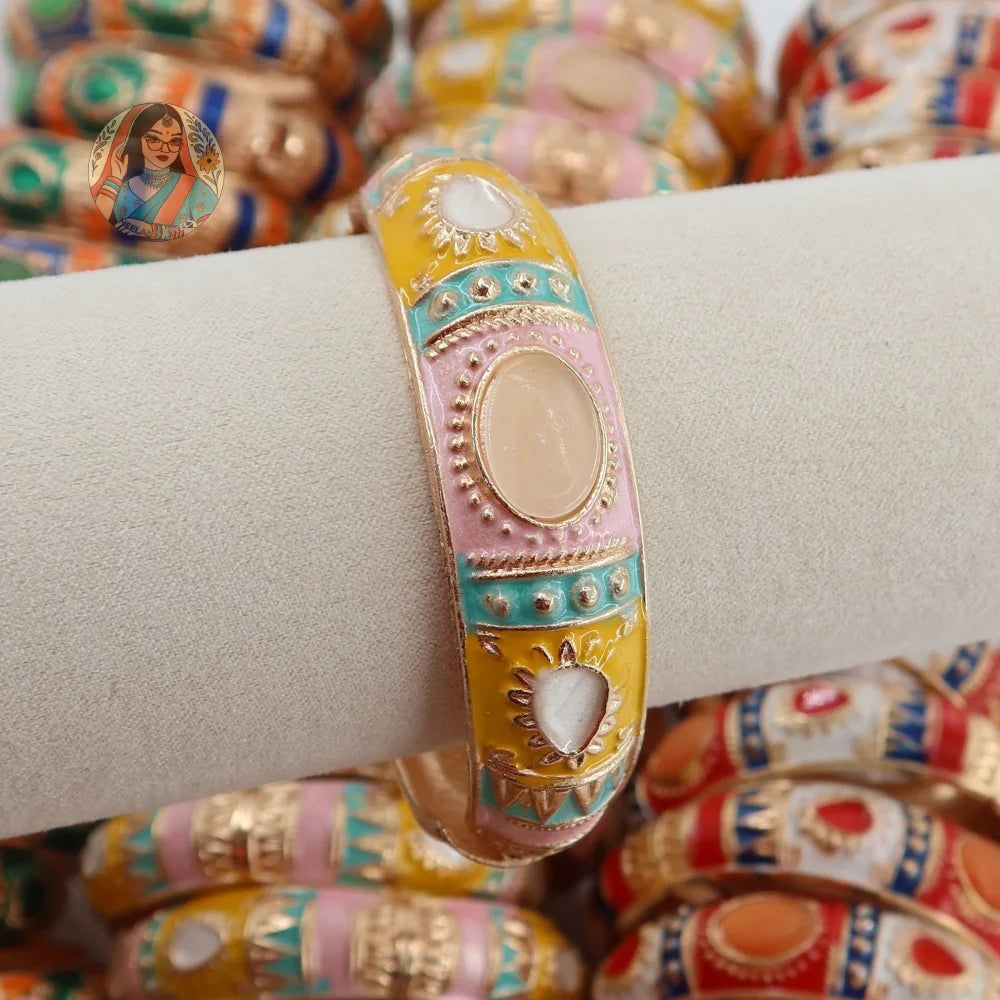 Chunky Rani Kada - Enamel Bangle (Multi) - 3 - Yellow/White/Pink/Blue