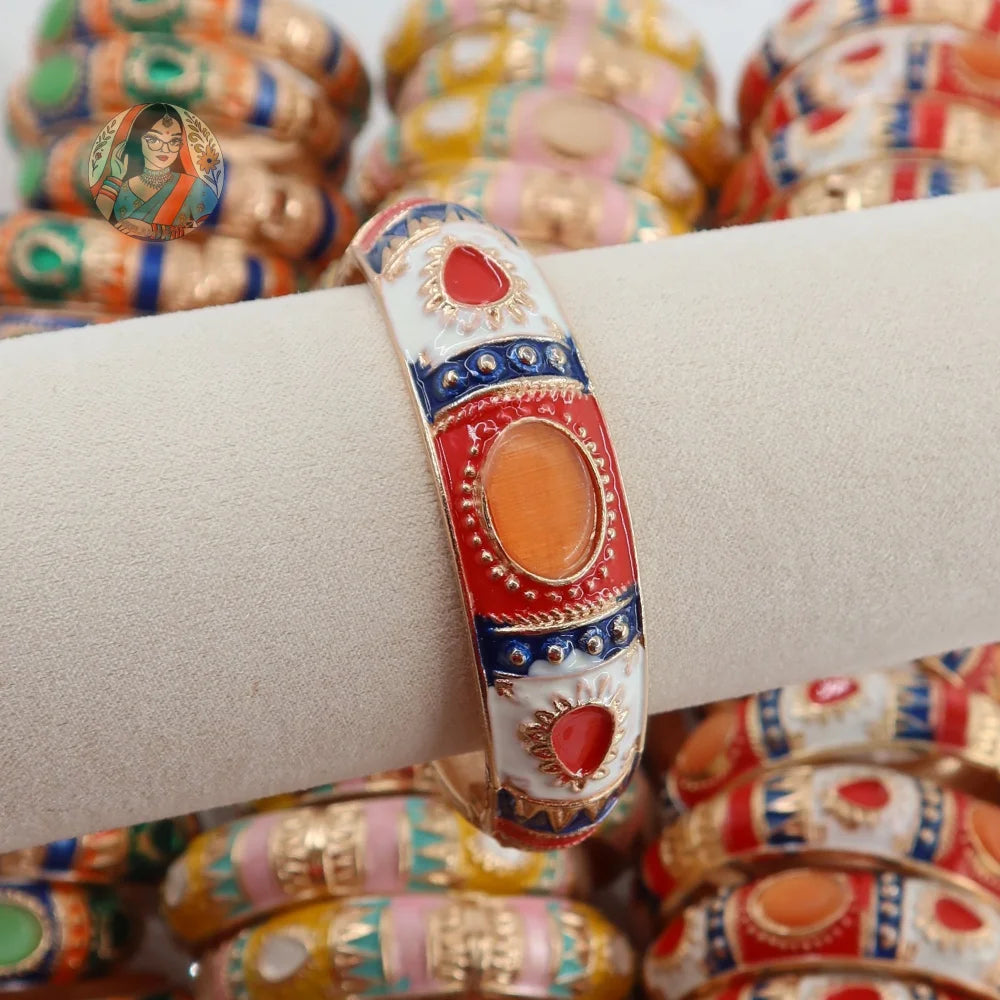 Chunky Rani Kada - Enamel Bangle (Multi) - 6 - Red/White/Blue/Orange
