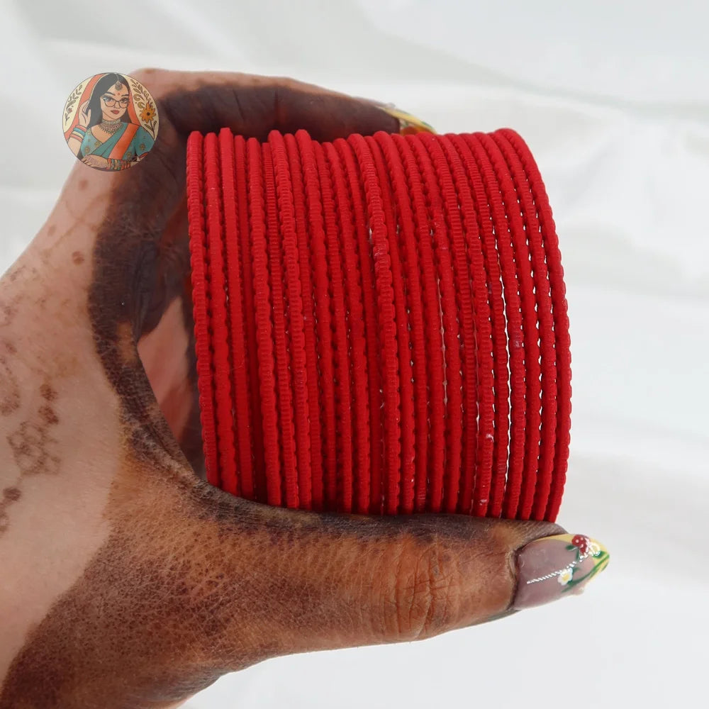’Coral Red’ Matte Textured Ridged Bangle Set