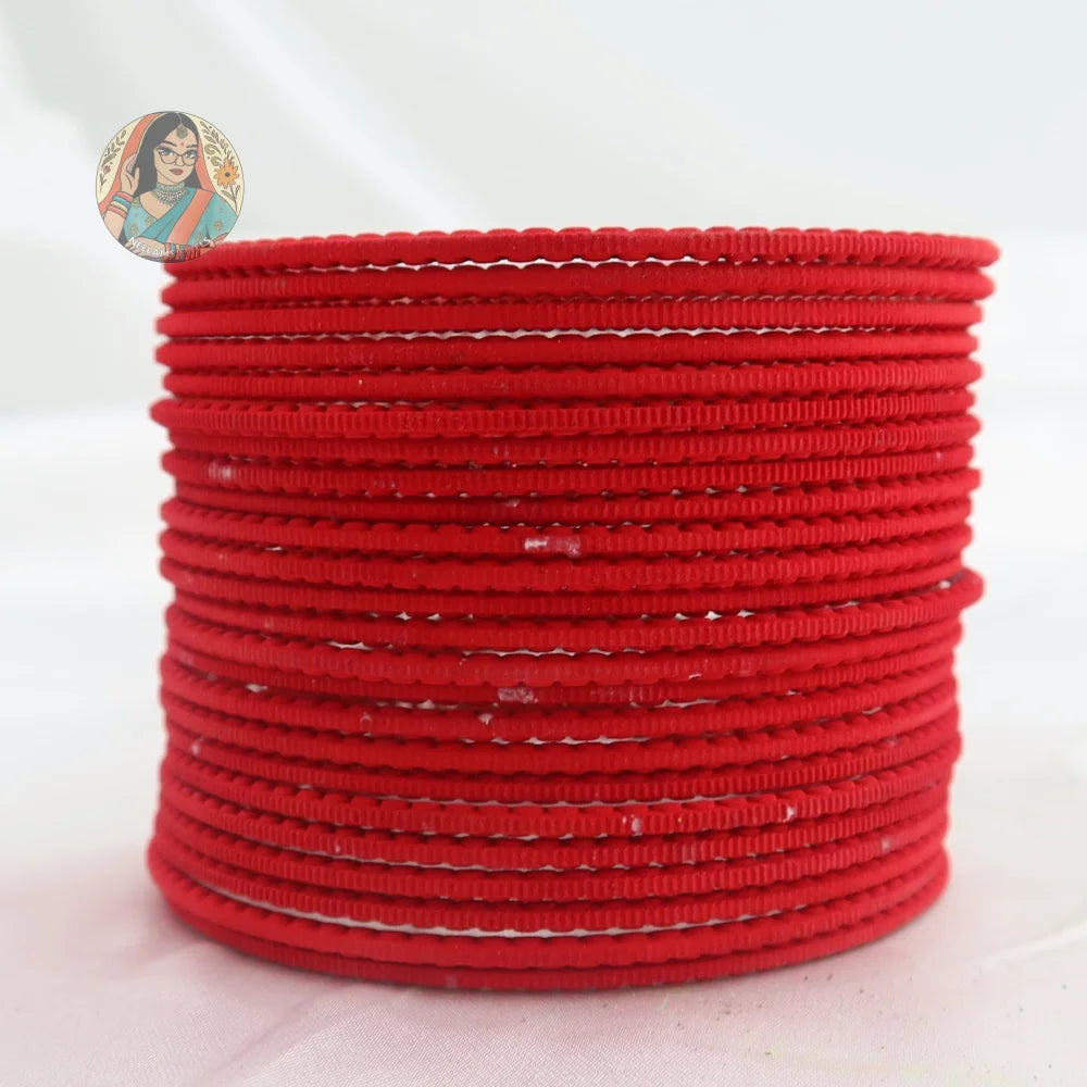 ’Coral Red’ Matte Textured Ridged Bangle Set