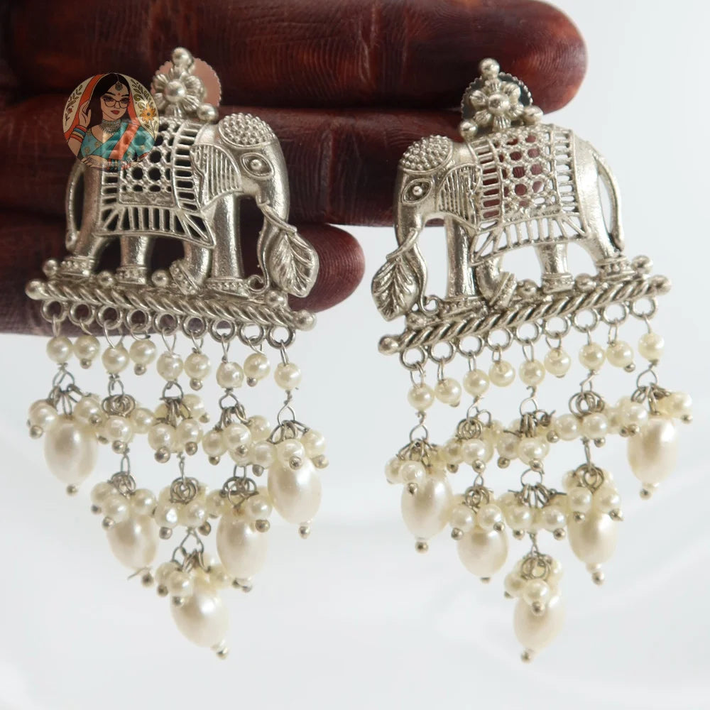 Elephant Pearl Silver Earrings