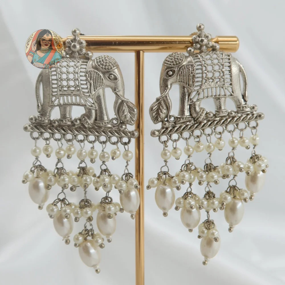 Elephant Pearl Silver Earrings