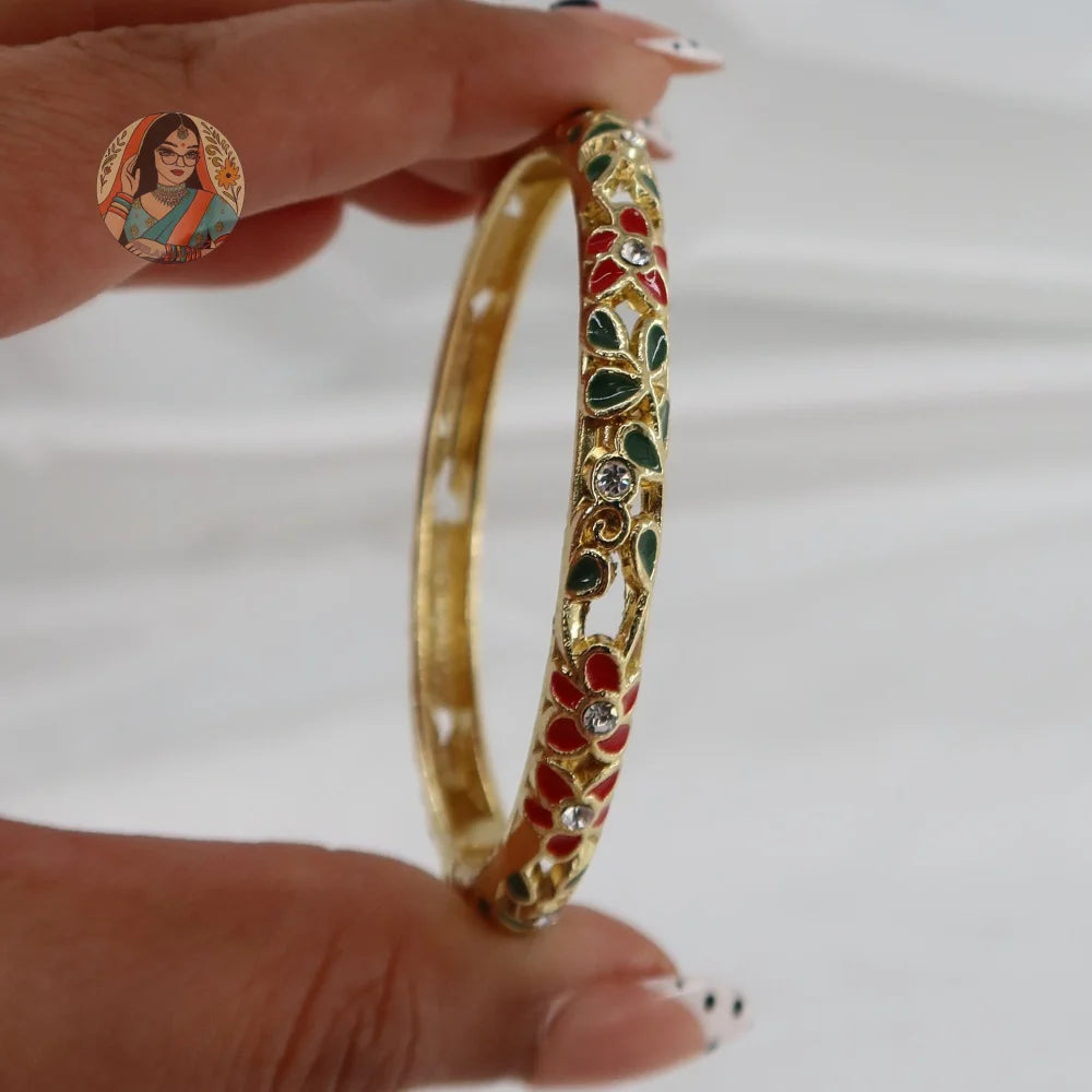 Floral Meenakari Cutout Bangle - 4 - Green/Red