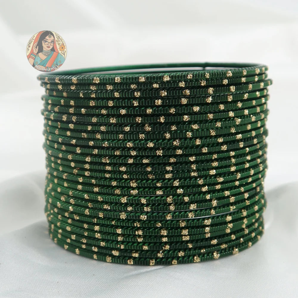 ’Forest Green’ Shiny Gold Dotted Bangle Set