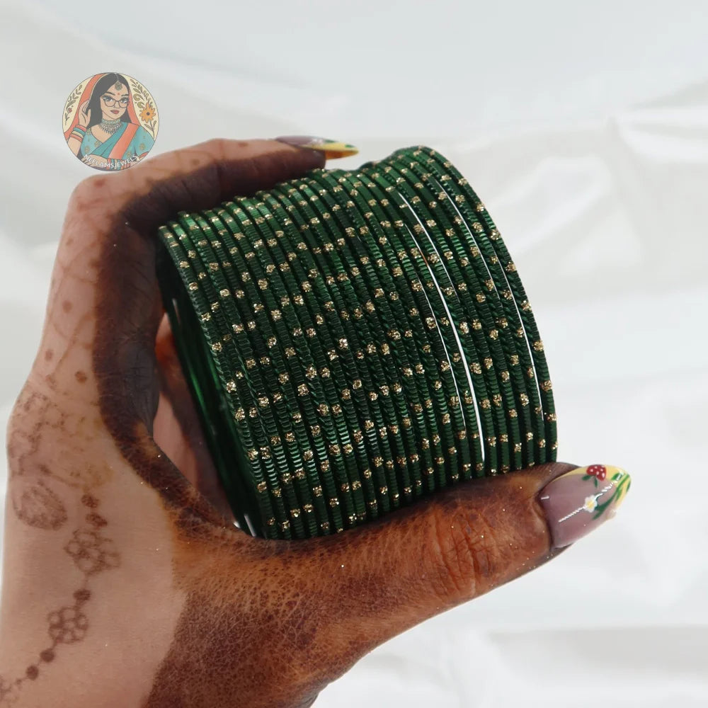 ’Forest Green’ Shiny Gold Dotted Bangle Set