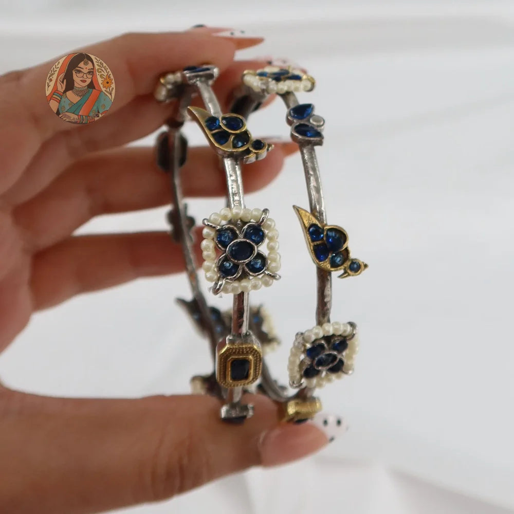 Gulnaz Silver Bangles - Blue