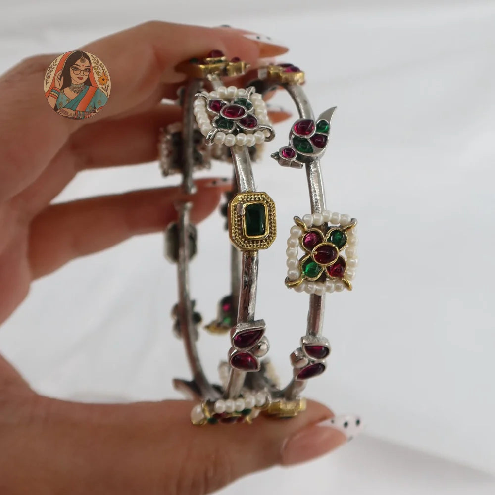 Gulnaz Silver Bangles - Pink/Green