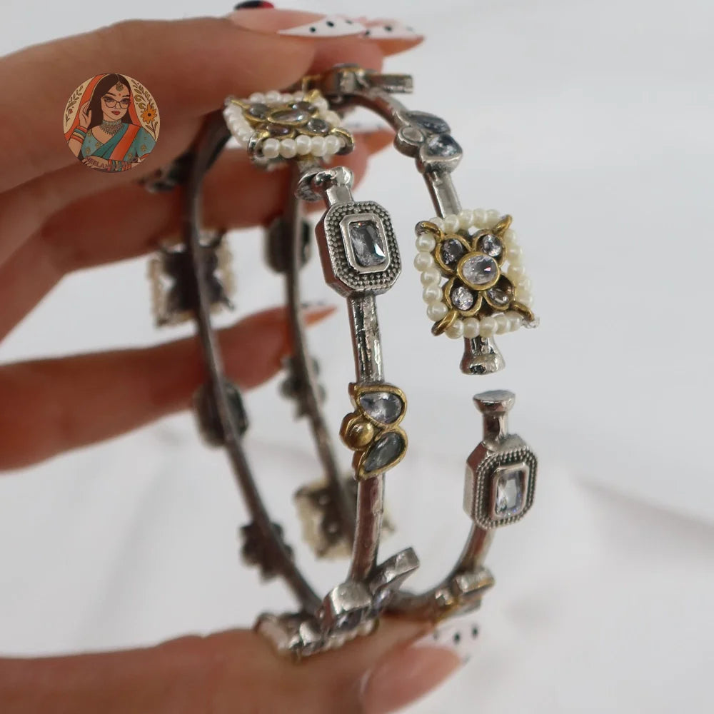Gulnaz Silver Bangles - White