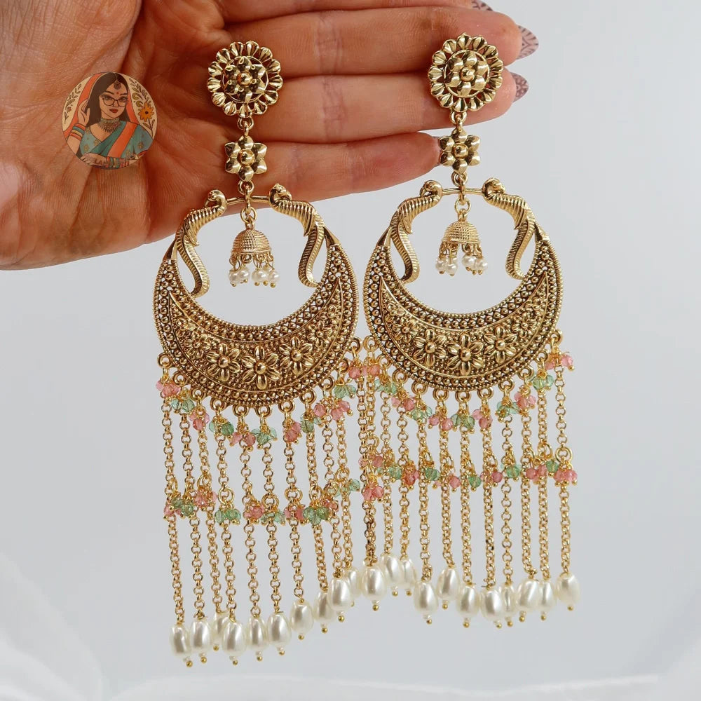 Harman Panjabi Style Earrings (Pearl) - Baby Pink/Green