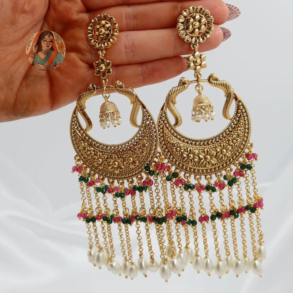 Harman Panjabi Style Earrings (Pearl) - Pink/Green