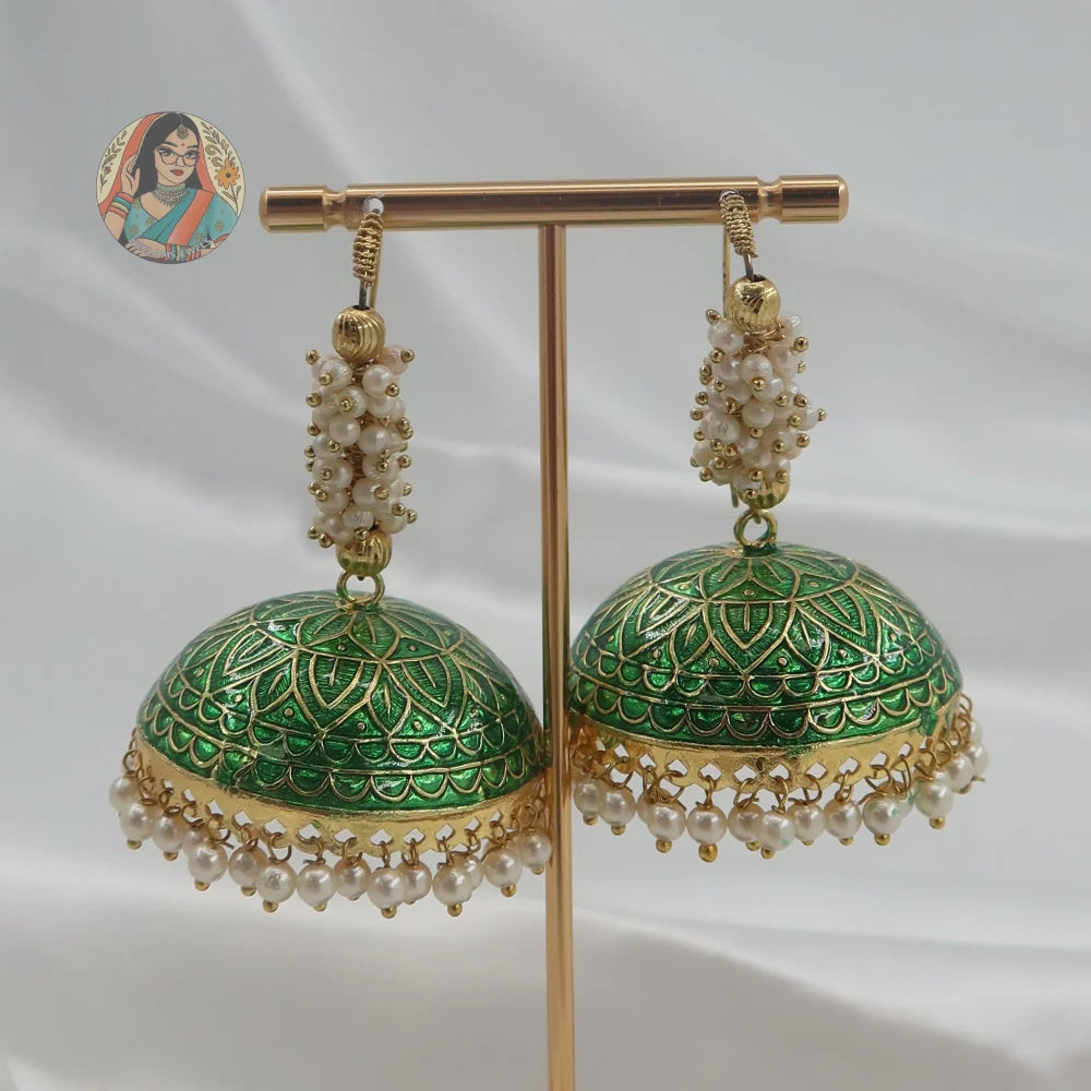 Harpreet Oversized Meenakari Jhumka - Green