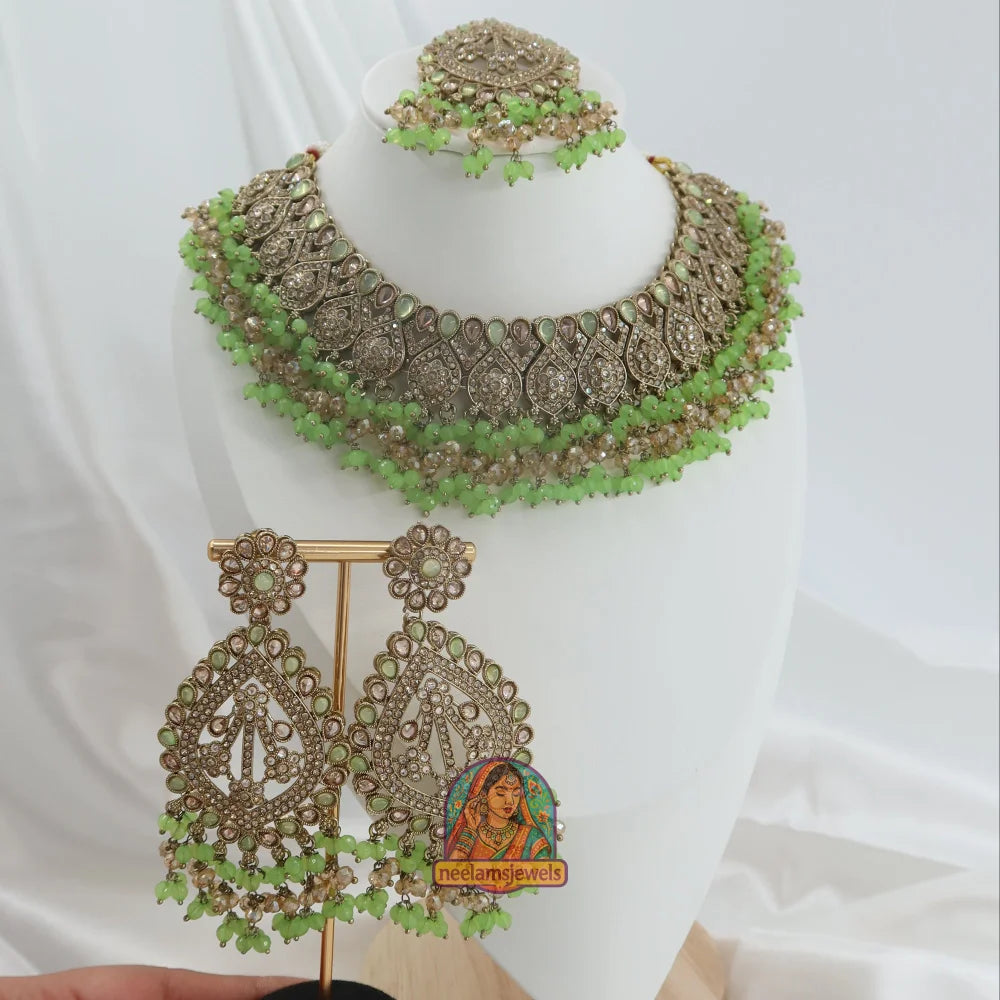 Ishqiya Pearl Polki Set (Lime Green)