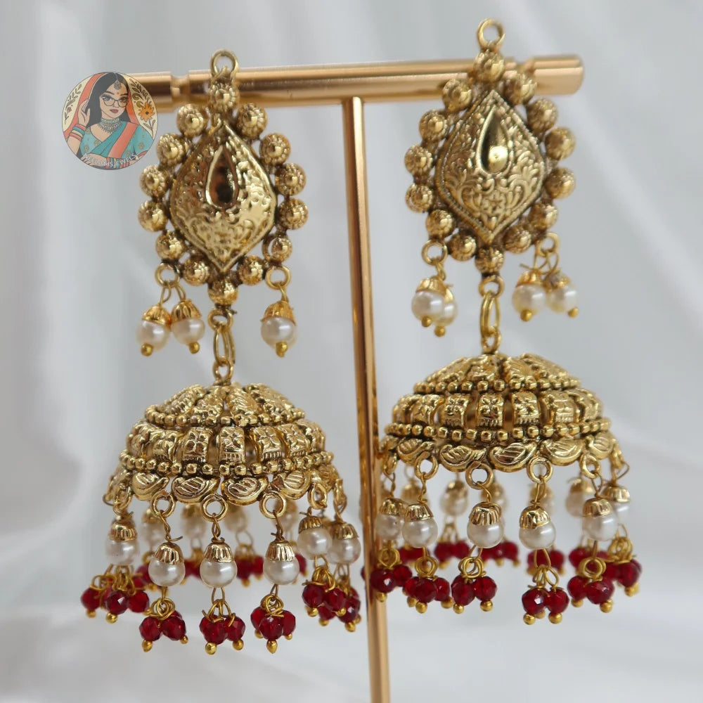 Jasleen Jhumka Tikka Set (Red)