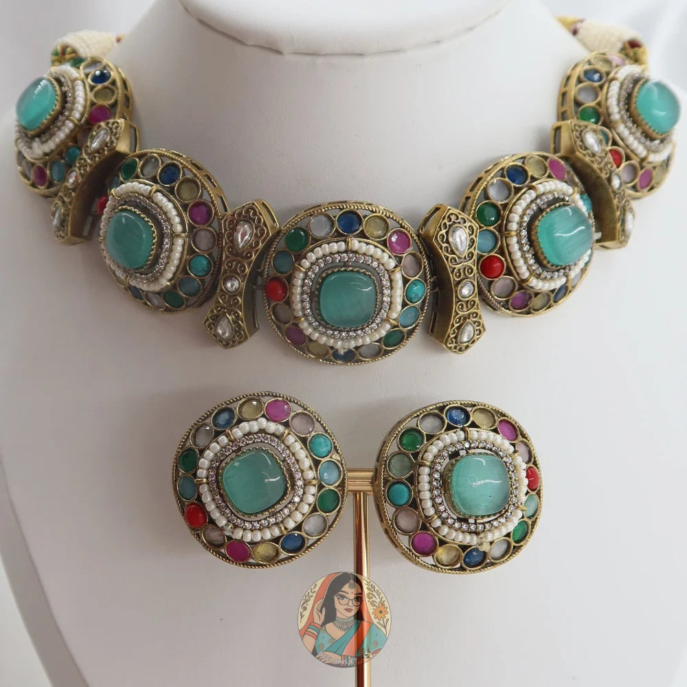 Jasmeen Choker Necklace Set (Blue)