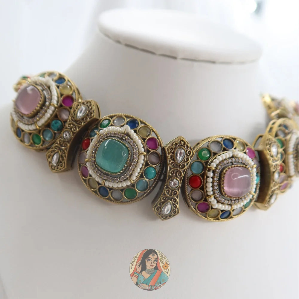 Jasmeen Choker Necklace Set (Blue & Pink)