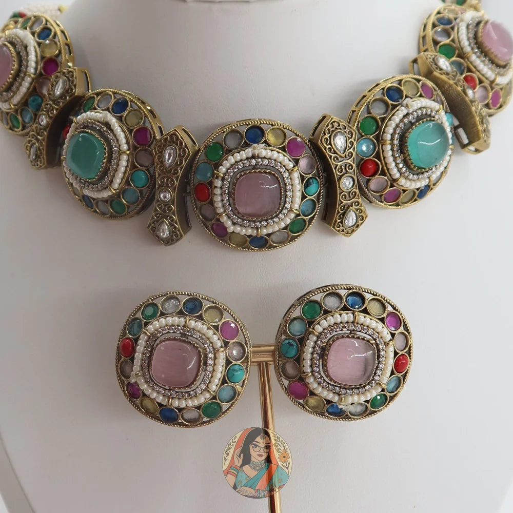 Jasmeen Choker Necklace Set (Blue & Pink)