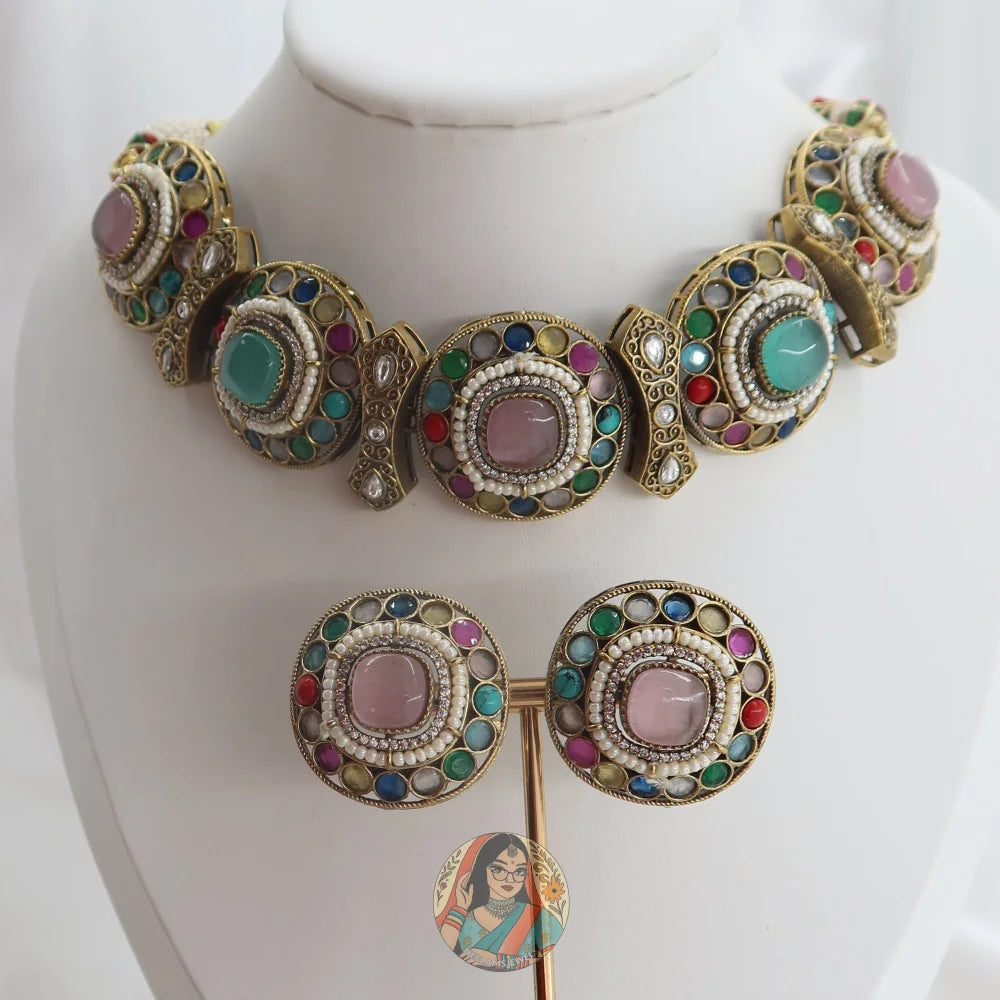 Jasmeen Choker Necklace Set (Blue & Pink)