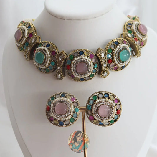 Jasmeen Choker Necklace Set (Blue & Pink)