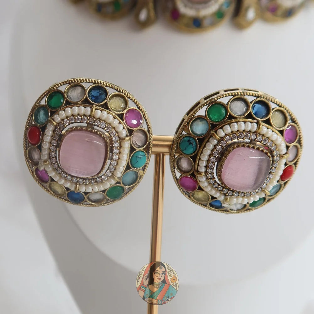 Jasmeen Choker Necklace Set (Blue & Pink)