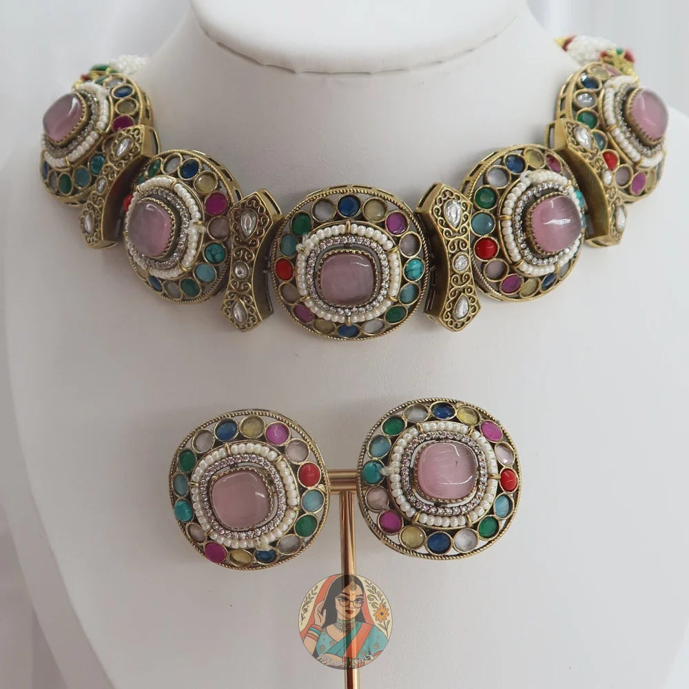Jasmeen Choker Necklace Set (Pink)