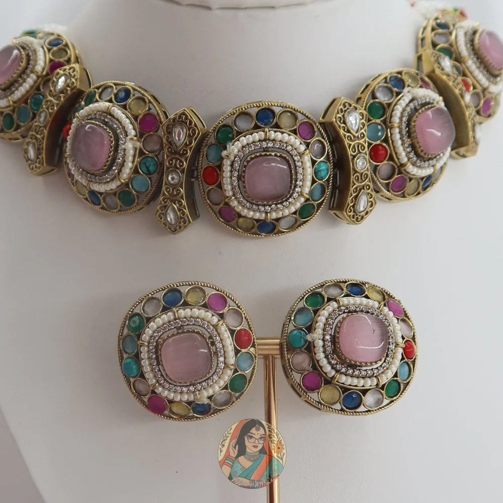 Jasmeen Choker Necklace Set (Pink)