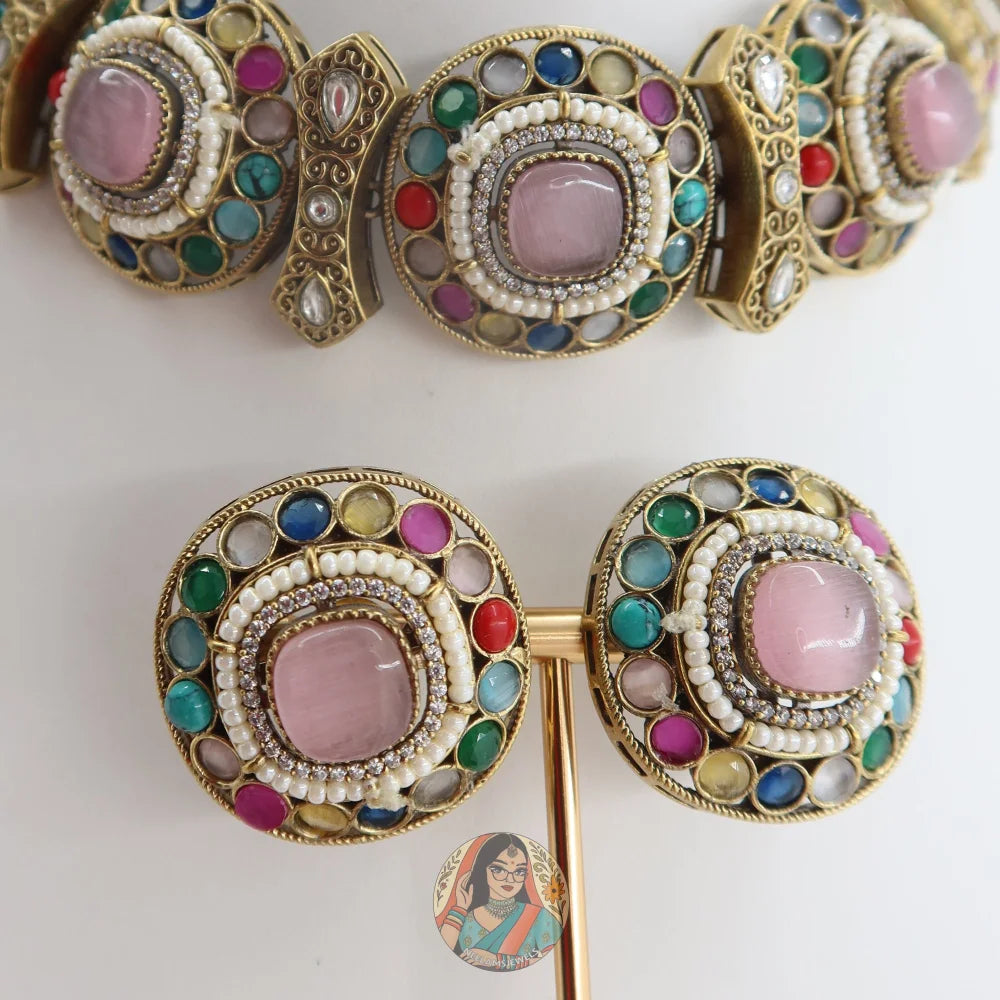 Jasmeen Choker Necklace Set (Pink)