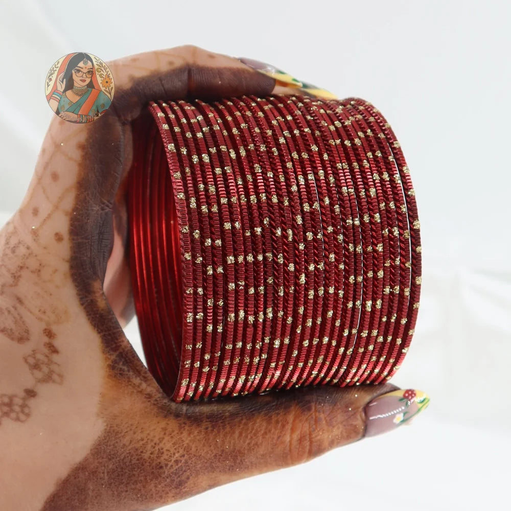 ’Maroon’ Shiny Gold Dotted Bangle Set