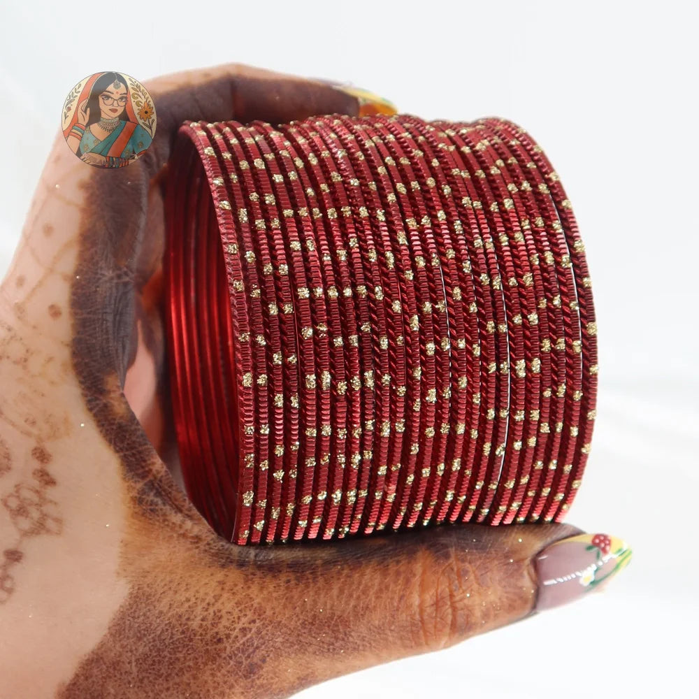 ’Maroon’ Shiny Gold Dotted Bangle Set